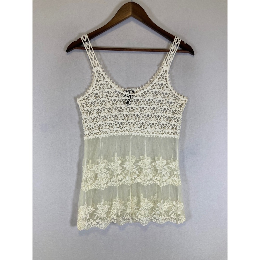 Boho Fairycore Lavanya Womens‎ Medium Cream Crochet Lace Tiered Mesh Tunic Top